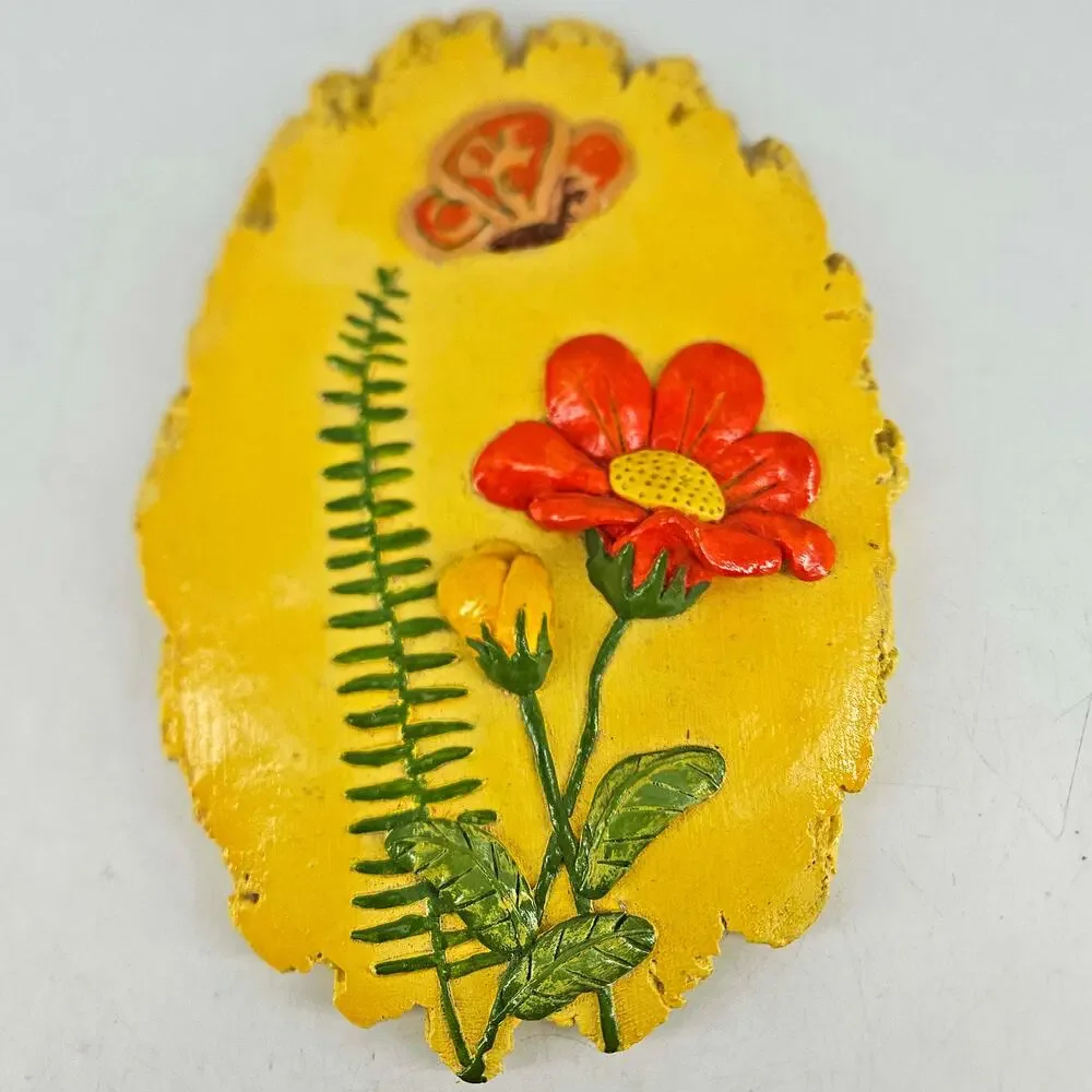 Mid Century vintage chalkware wall plaque yellow orange flower butterfly